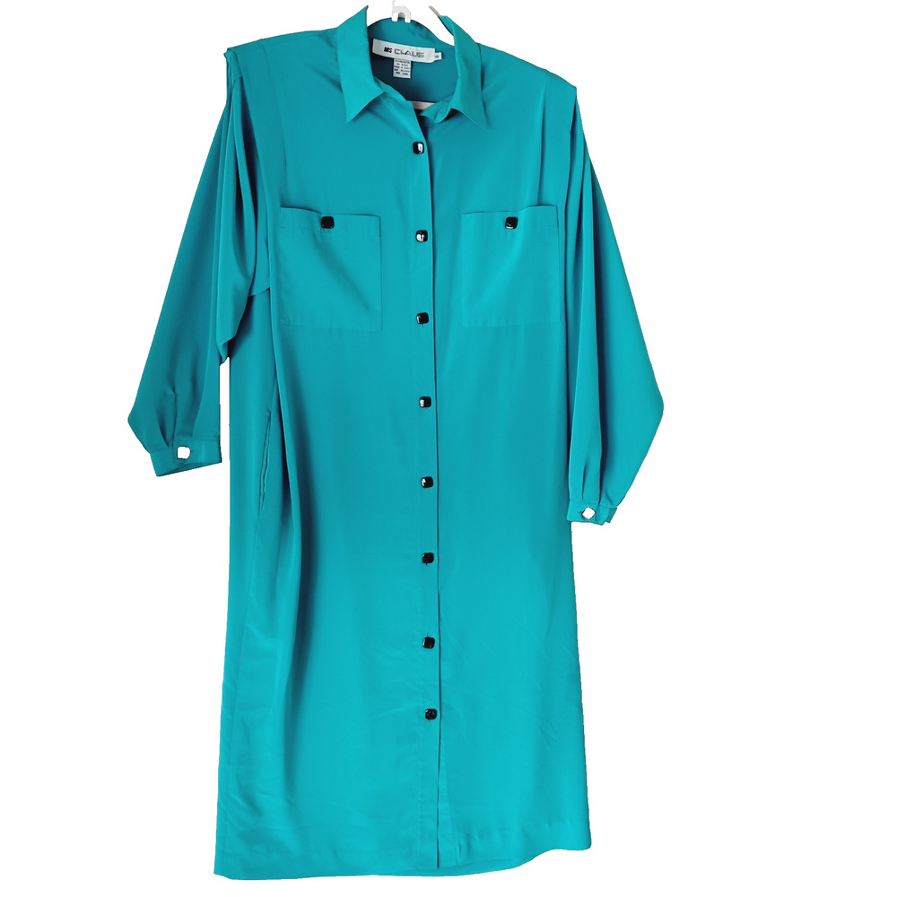 Dress Shirt Maxi Button-Up Teal Chaus 4 Pockets Long Sleeve Office Casual Sz 16